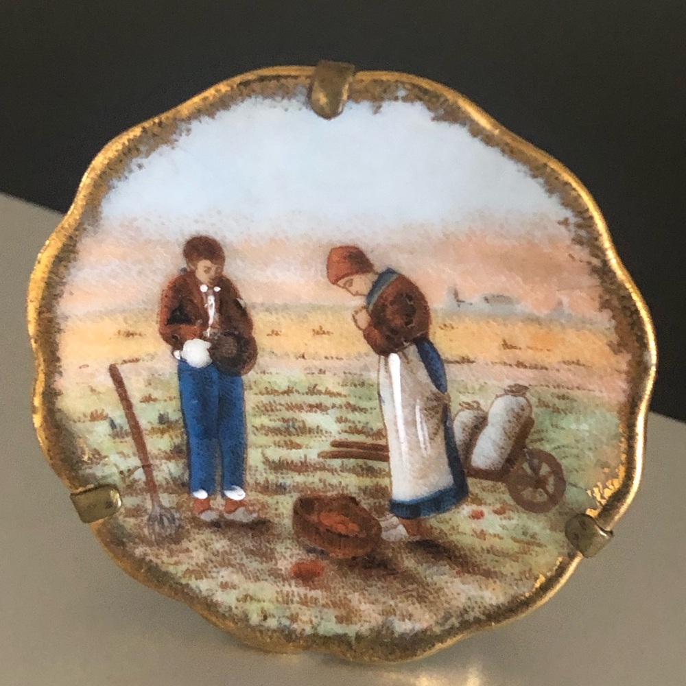 Limoges Hand-Painted Pastoral Porcelain Plaque in Blue, Brown & Gold - Miniature
